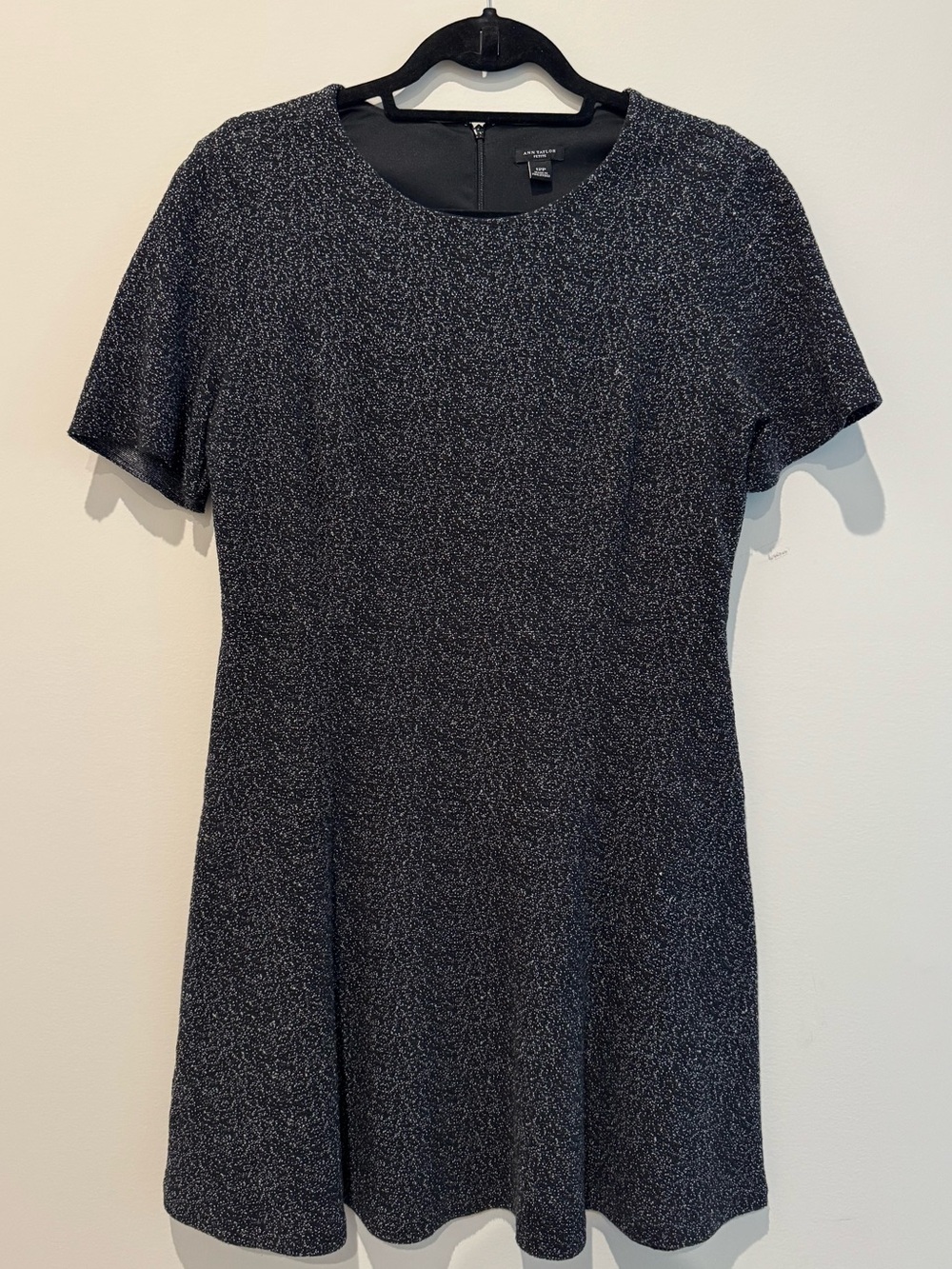 Ann Taylor Black Speckled Short Sleeve Fit & Flare Dress, 12 Petite